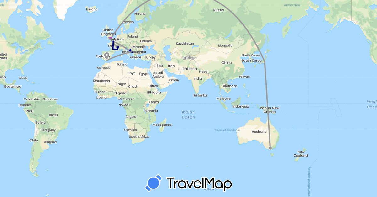 TravelMap itinerary: driving, plane, train, boat in Australia, Bosnia and Herzegovina, Spain, France, United Kingdom, Croatia, Japan, Montenegro (Asia, Europe, Oceania)