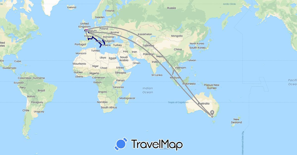 TravelMap itinerary: driving, plane, train, boat in Albania, Australia, Bosnia and Herzegovina, France, United Kingdom, Greece, Croatia, Italy, Montenegro, Thailand (Asia, Europe, Oceania)